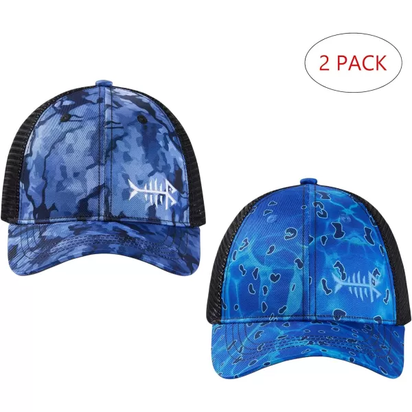 BASSDASH 2 Pack Altimate Fishing Hunting Hat Mesh Back for Men Women Adjustable Baseball Trucker Cap Camo Blaze OrangeBlueBlack Camo  Rippled Sea