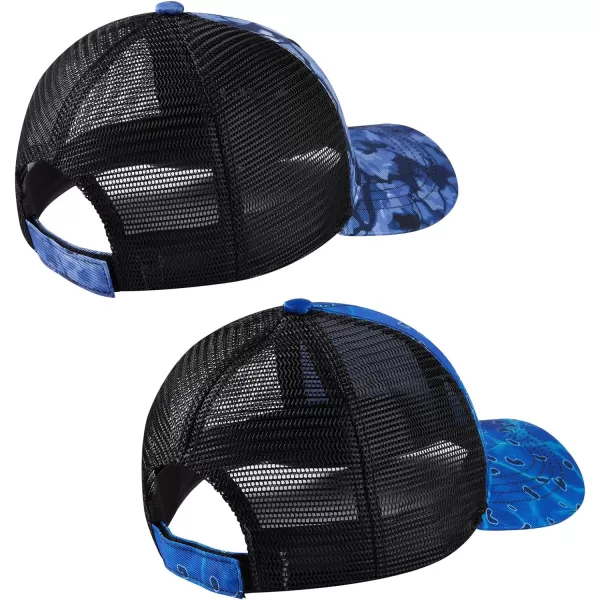 BASSDASH 2 Pack Altimate Fishing Hunting Hat Mesh Back for Men Women Adjustable Baseball Trucker Cap Camo Blaze OrangeBlueBlack Camo  Rippled Sea