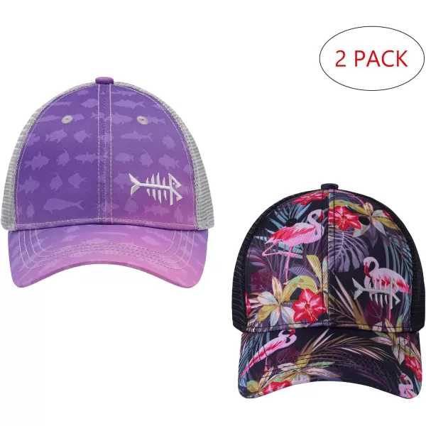 BASSDASH 2 Pack Altimate Fishing Hunting Hat Mesh Back for Men Women Adjustable Baseball Trucker Cap Camo Blaze OrangeGradient Purple  Black Flamingo