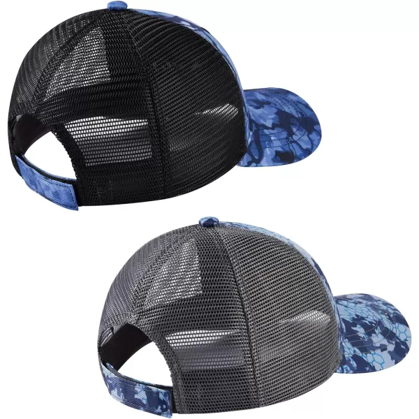 BASSDASH 2 Pack Altimate Fishing Hunting Hat Mesh Back for Men Women Adjustable Baseball Trucker Cap Camo Blaze OrangeRippled Sea  Blue Scales