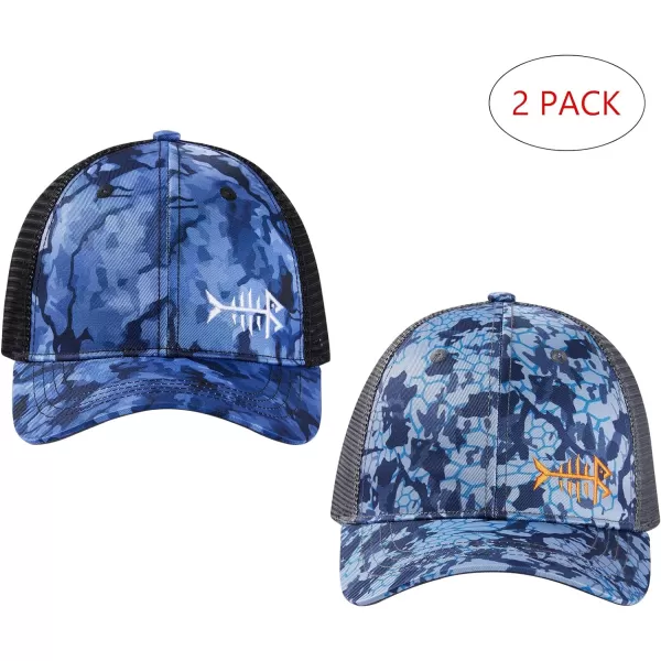 BASSDASH 2 Pack Altimate Fishing Hunting Hat Mesh Back for Men Women Adjustable Baseball Trucker Cap Camo Blaze OrangeRippled Sea  Blue Scales