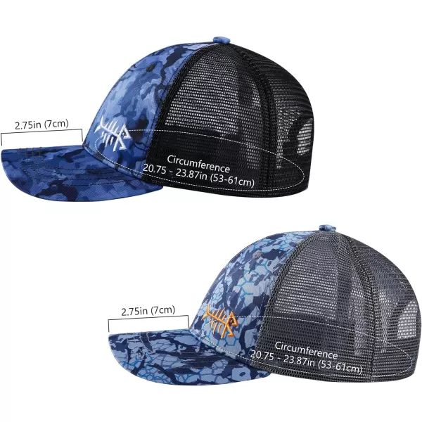 BASSDASH 2 Pack Altimate Fishing Hunting Hat Mesh Back for Men Women Adjustable Baseball Trucker Cap Camo Blaze OrangeRippled Sea  Blue Scales