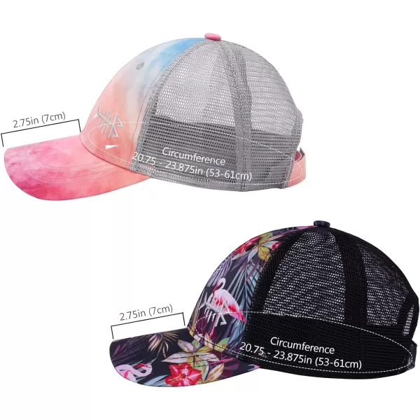 BASSDASH 2 Pack Altimate Fishing Hunting Hat Mesh Back for Men Women Adjustable Baseball Trucker Cap Camo Blaze OrangeRosy Clouds  Black Flamingo