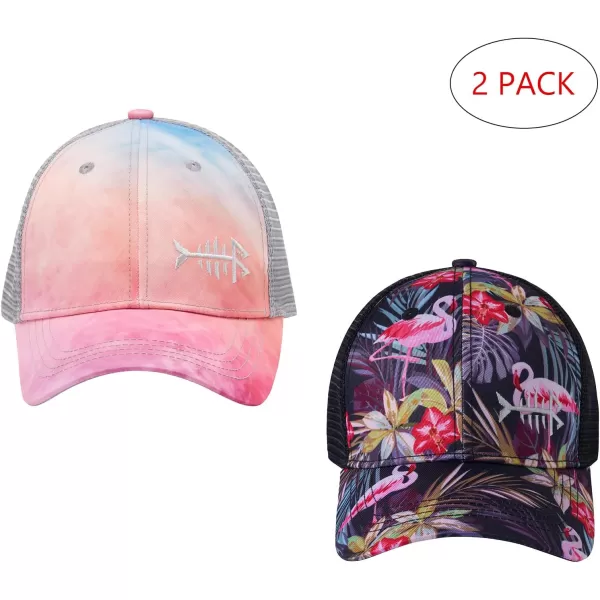 BASSDASH 2 Pack Altimate Fishing Hunting Hat Mesh Back for Men Women Adjustable Baseball Trucker Cap Camo Blaze OrangeRosy Clouds  Black Flamingo