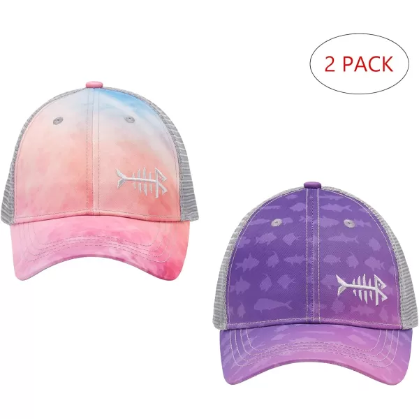 BASSDASH 2 Pack Altimate Fishing Hunting Hat Mesh Back for Men Women Adjustable Baseball Trucker Cap Camo Blaze OrangeRosy Clouds  Gradient Purple