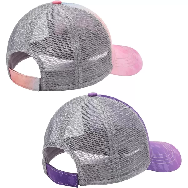 BASSDASH 2 Pack Altimate Fishing Hunting Hat Mesh Back for Men Women Adjustable Baseball Trucker Cap Camo Blaze OrangeRosy Clouds  Gradient Purple