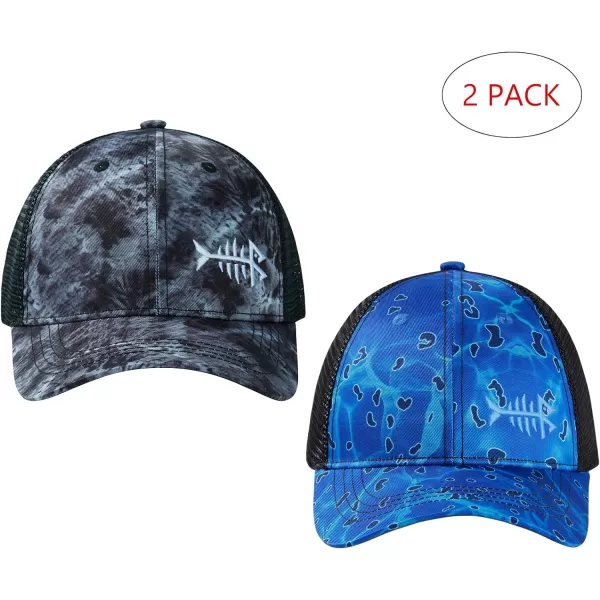 BASSDASH 2 Pack Altimate Fishing Hunting Hat Mesh Back for Men Women Adjustable Baseball Trucker Cap Camo Blaze OrangeShadow  Rippled Sea