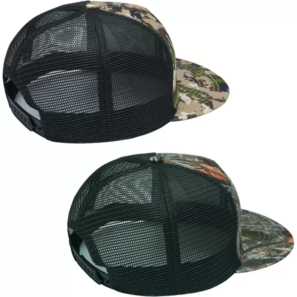 BASSDASH 2 Pack Flat Brim Trucker Cap Adjustable Snapback Hat Mesh Back for Men Women Fishing HuntingHighland Autumn Forest