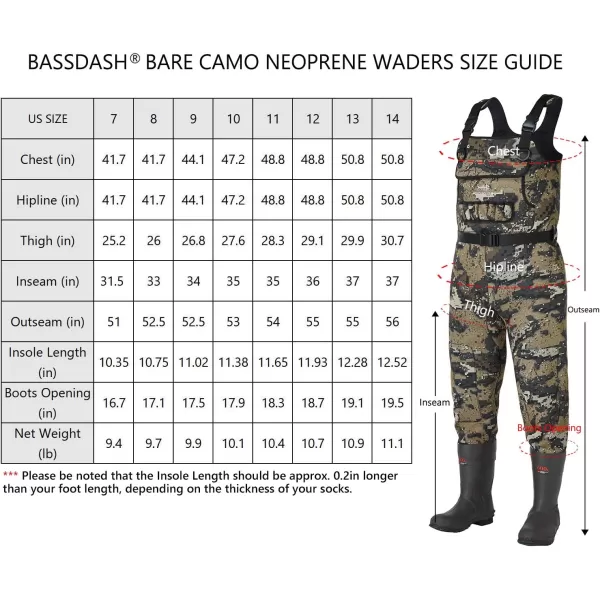 BASSDASH Bare Camo Neoprene Chest Fishing Hunting Waders for Men with 600 Grams Insulated Rubber Boot Foot in 8 SizesBoot Foot  Bare Camo