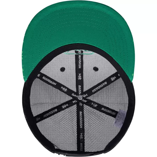 BASSDASH Flat Brim Trucker Cap Adjustable Snapback Hat Mesh Back for Men WomenGreen and Black