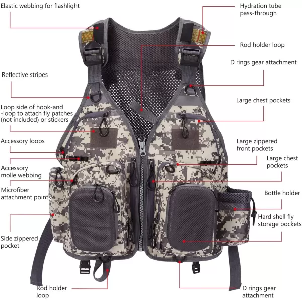 BASSDASH Fly Fishing Vest Multi Pocket Waistcoat Adjustable Size Gifts for Men WomenF22  Grey Camo