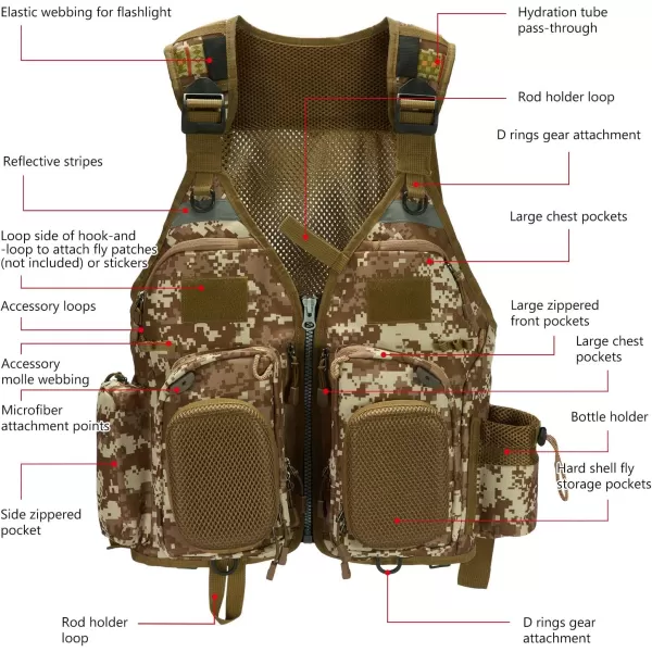 BASSDASH Fly Fishing Vest Multi Pocket Waistcoat Adjustable Size Gifts for Men WomenF22  Khaki Camo