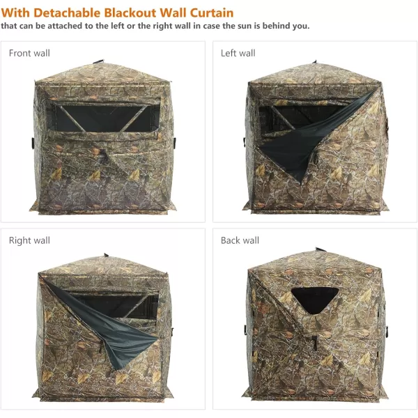 BASSDASH Hunting Blind 270 Degree OneWay See Through 2 Person Portable Pop Up Ground Hunting Tent with Detachable Blackout Wall Curtain Frame Door Carrying Backpack for Deer Turkey HuntingAutumn Forest