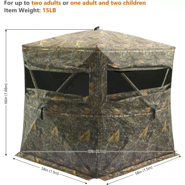 BASSDASH Hunting Blind 270 Degree OneWay See Through 2 Person Portable Pop Up Ground Hunting Tent with Detachable Blackout Wall Curtain Frame Door Carrying Backpack for Deer Turkey HuntingAutumn Forest