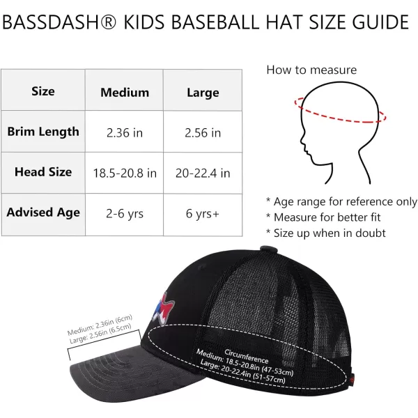 BASSDASH Kids Youth Fishing Sun Hat Mesh Back Adjustable Baseball Trucker Cap for Boys Girls ToddlerBlackGrey