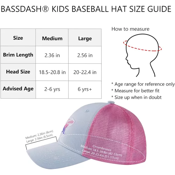 BASSDASH Kids Youth Fishing Sun Hat Mesh Back Adjustable Baseball Trucker Cap for Boys Girls ToddlerIce BluePink