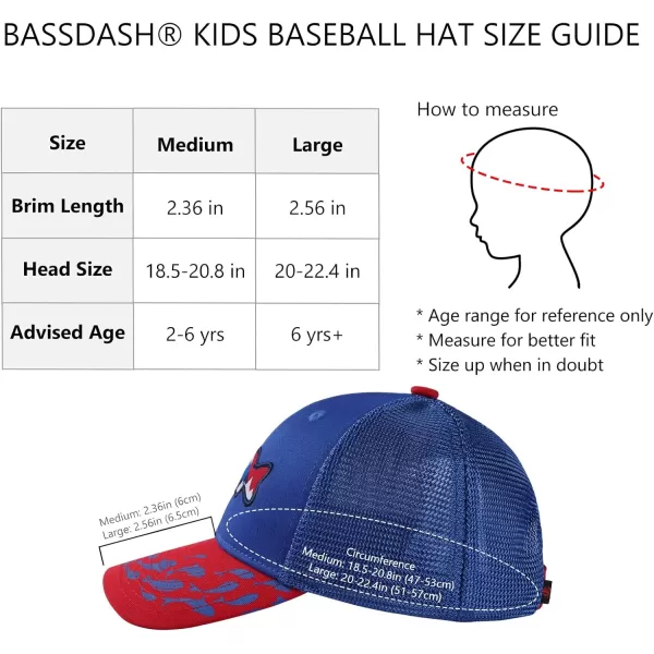 BASSDASH Kids Youth Fishing Sun Hat Mesh Back Adjustable Baseball Trucker Cap for Boys Girls ToddlerRoyal BlueRed