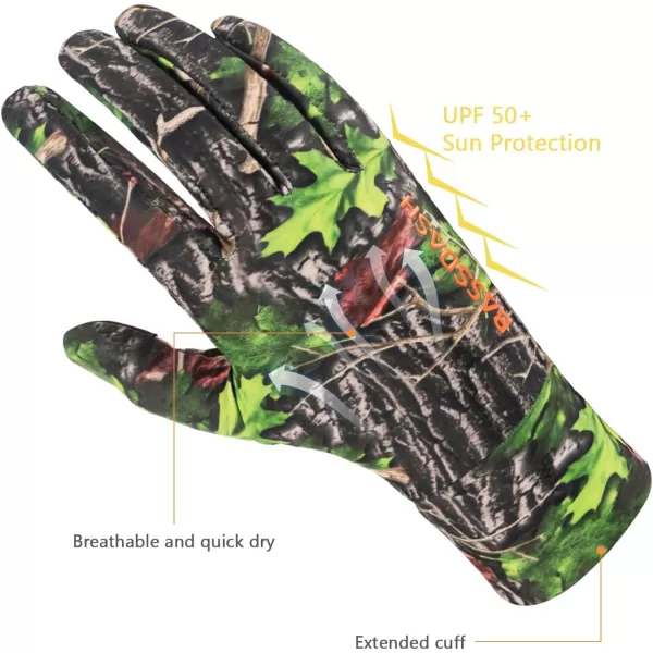 BASSDASH Mens Camo Hunting Gloves UPF 50 Lightweight Touchscreen Gloves for Warm Weather Fishing Hiking Outdoor ActivitiesSilicone Palm  Green Leaf