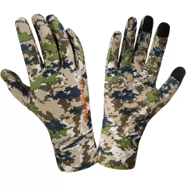 BASSDASH Mens Camo Hunting Gloves UPF 50 Lightweight Touchscreen Gloves for Warm Weather Fishing Hiking Outdoor ActivitiesSilicone Palm  Highland