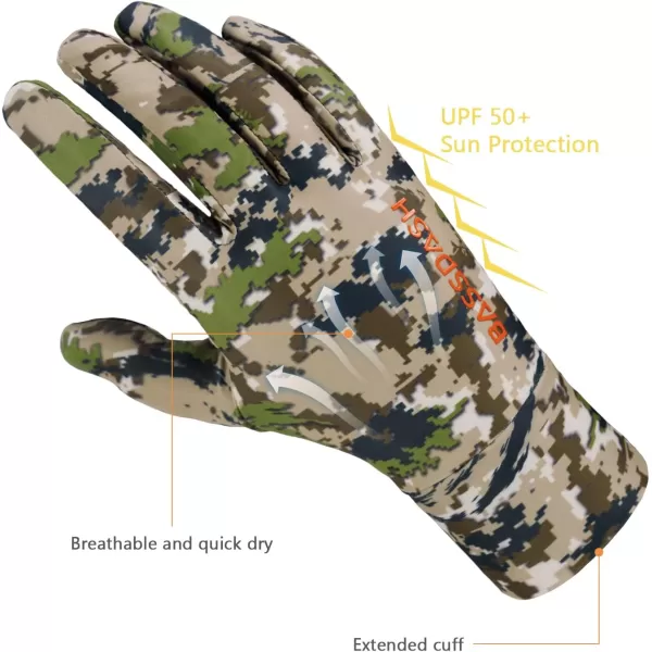 BASSDASH Mens Camo Hunting Gloves UPF 50 Lightweight Touchscreen Gloves for Warm Weather Fishing Hiking Outdoor ActivitiesSilicone Palm  Highland