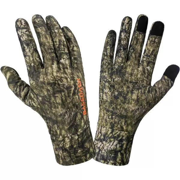 BASSDASH Mens Camo Hunting Gloves UPF 50 Lightweight Touchscreen Gloves for Warm Weather Fishing Hiking Outdoor ActivitiesSilicone Palm  Mossy Wood