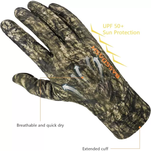 BASSDASH Mens Camo Hunting Gloves UPF 50 Lightweight Touchscreen Gloves for Warm Weather Fishing Hiking Outdoor ActivitiesSilicone Palm  Mossy Wood