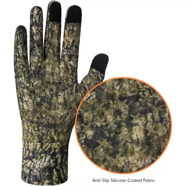 BASSDASH Mens Camo Hunting Gloves UPF 50 Lightweight Touchscreen Gloves for Warm Weather Fishing Hiking Outdoor ActivitiesSilicone Palm  Mossy Wood