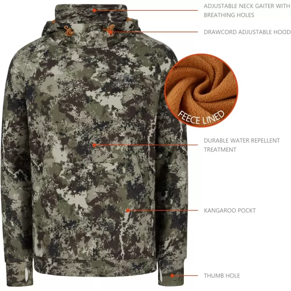 BASSDASH Mens Fishing Fleece Hoodie with Neck Gaiter Water Resistant Performance Hunting Sweatshirt FS18MGrunge Camo No Logo at Sleeve