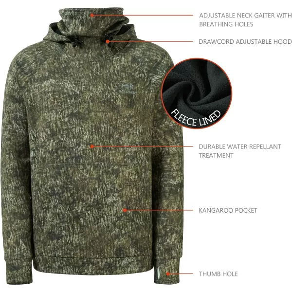 BASSDASH Mens Fishing Fleece Hoodie with Neck Gaiter Water Resistant Performance Hunting Sweatshirt FS18MMossy Wood No Logo at Sleeve