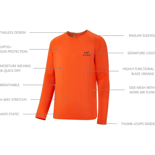 BASSDASH Mens Hunting Camo Performance Long Sleeve Shirt Fishing UPF50 FS13MBlaze Orange