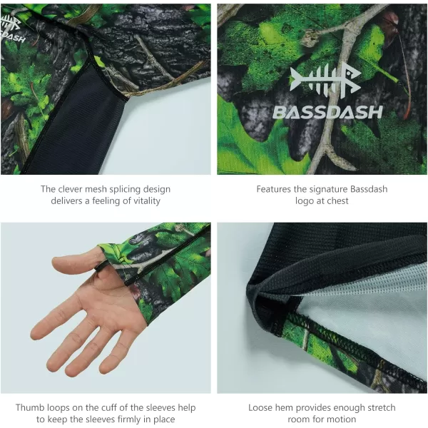 BASSDASH Mens Hunting Camo Performance Long Sleeve Shirt Fishing UPF50 FS13MGreen Leaf