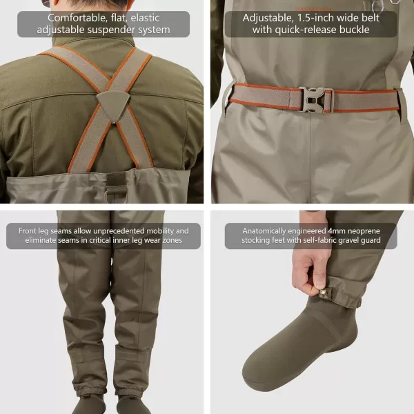 BASSDASH Mens IMMERSE Tan Waders Waterproof Breathable Fly Fishing Stocking Foot Chest Waders for Hunting LightweightTanDun