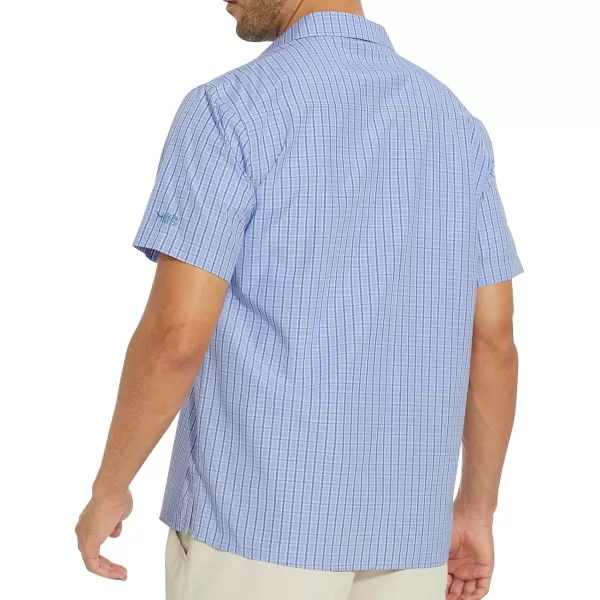 BASSDASH Mens UPF 50 Short Sleeve Plaid Checkered Snap Button Down Shirt Regular Fit Two Pockets Casual Dress Check ShirtsLight Blue Plaid