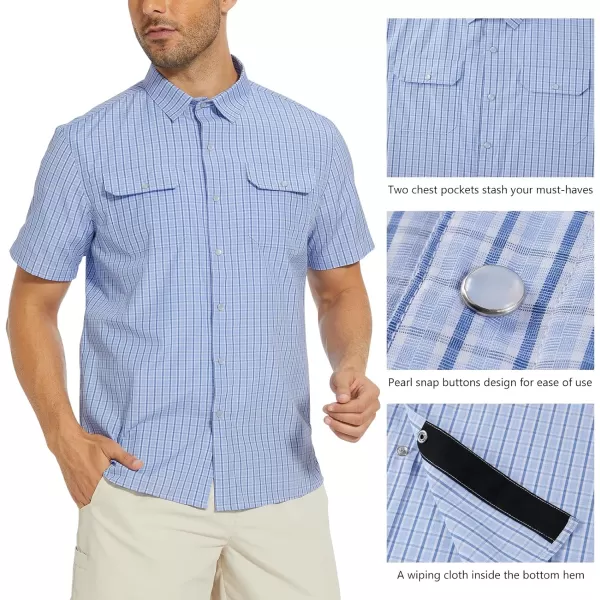 BASSDASH Mens UPF 50 Short Sleeve Plaid Checkered Snap Button Down Shirt Regular Fit Two Pockets Casual Dress Check ShirtsLight Blue Plaid