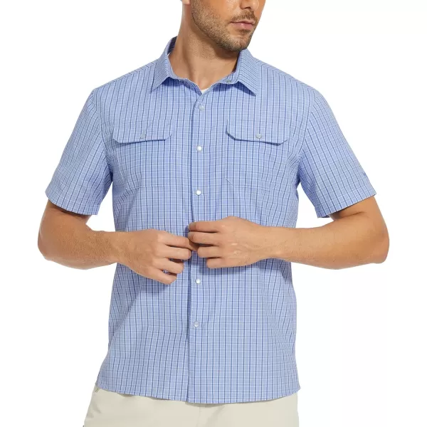 BASSDASH Mens UPF 50 Short Sleeve Plaid Checkered Snap Button Down Shirt Regular Fit Two Pockets Casual Dress Check ShirtsLight Blue Plaid