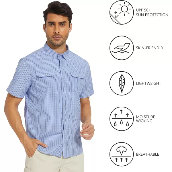 BASSDASH Mens UPF 50 Short Sleeve Plaid Checkered Snap Button Down Shirt Regular Fit Two Pockets Casual Dress Check ShirtsLight Blue Plaid