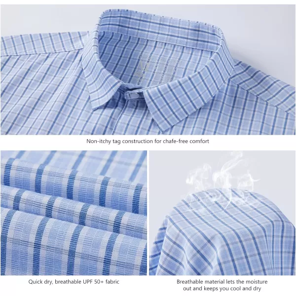 BASSDASH Mens UPF 50 Short Sleeve Plaid Checkered Snap Button Down Shirt Regular Fit Two Pockets Casual Dress Check ShirtsLight Blue Plaid