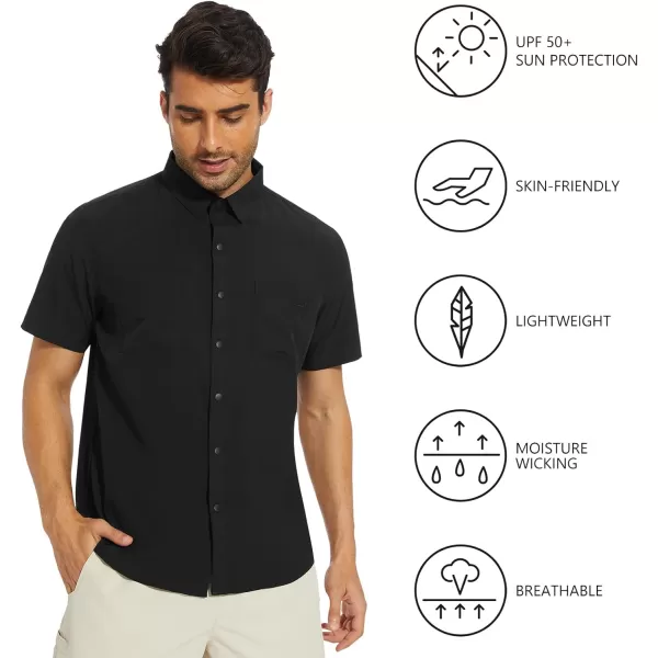 BASSDASH Mens UPF 50 Short Sleeve Snap Button Down Shirt Regular Fit Woven Two Pockets Casual Dress ShirtsBlack