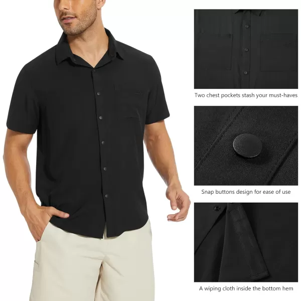 BASSDASH Mens UPF 50 Short Sleeve Snap Button Down Shirt Regular Fit Woven Two Pockets Casual Dress ShirtsBlack