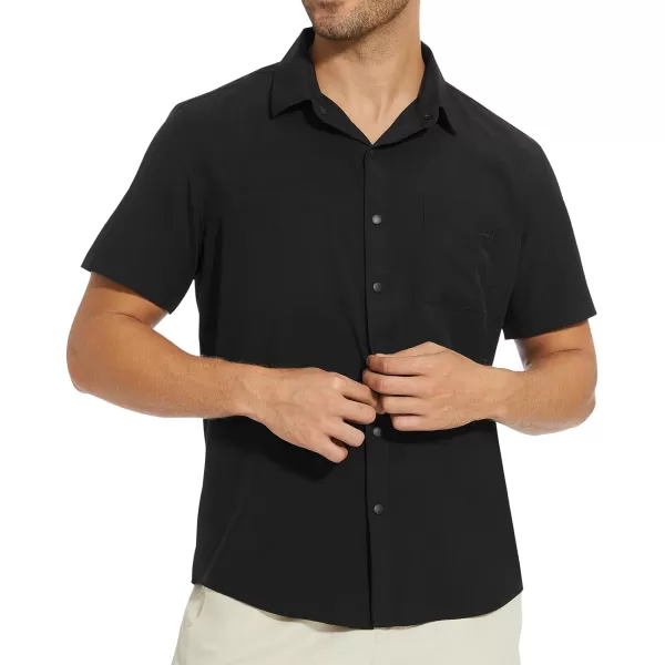 BASSDASH Mens UPF 50 Short Sleeve Snap Button Down Shirt Regular Fit Woven Two Pockets Casual Dress ShirtsBlack