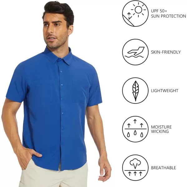 BASSDASH Mens UPF 50 Short Sleeve Snap Button Down Shirt Regular Fit Woven Two Pockets Casual Dress ShirtsDark Blue