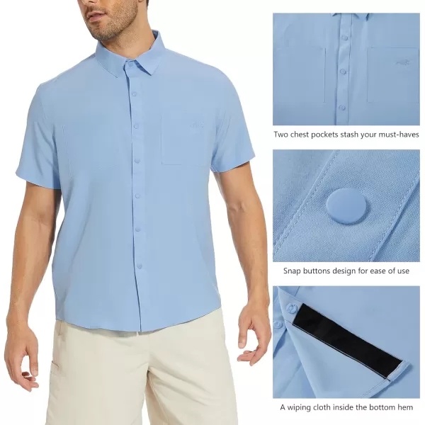 BASSDASH Mens UPF 50 Short Sleeve Snap Button Down Shirt Regular Fit Woven Two Pockets Casual Dress ShirtsLight Blue