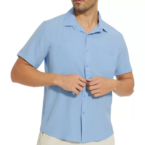 BASSDASH Mens UPF 50 Short Sleeve Snap Button Down Shirt Regular Fit Woven Two Pockets Casual Dress ShirtsLight Blue