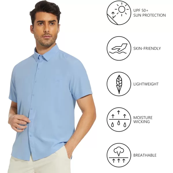 BASSDASH Mens UPF 50 Short Sleeve Snap Button Down Shirt Regular Fit Woven Two Pockets Casual Dress ShirtsLight Blue