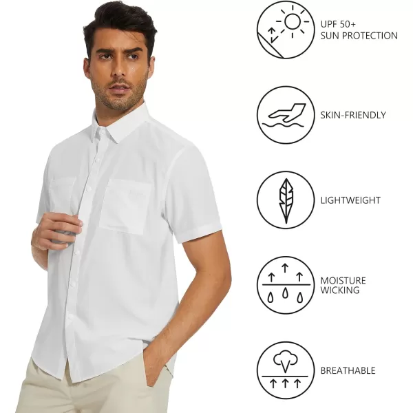 BASSDASH Mens UPF 50 Short Sleeve Snap Button Down Shirt Regular Fit Woven Two Pockets Casual Dress ShirtsWhite