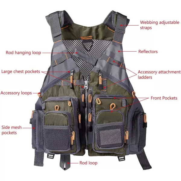 BASSDASH Strap Fishing Vest Adjustable for Men and Women for Fly Bass Fishing and Outdoor ActivitiesArmy Green