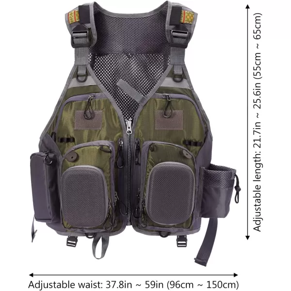 BASSDASH Strap Fishing Vest Adjustable for Men and Women for Fly Bass Fishing and Outdoor ActivitiesArmy Green With Hard Shell Flies Pockets