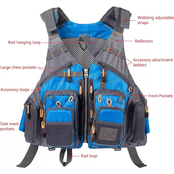 BASSDASH Strap Fishing Vest Adjustable for Men and Women for Fly Bass Fishing and Outdoor ActivitiesBlue