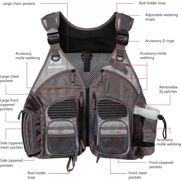 BASSDASH Strap Fishing Vest Adjustable for Men and Women for Fly Bass Fishing and Outdoor ActivitiesBrown