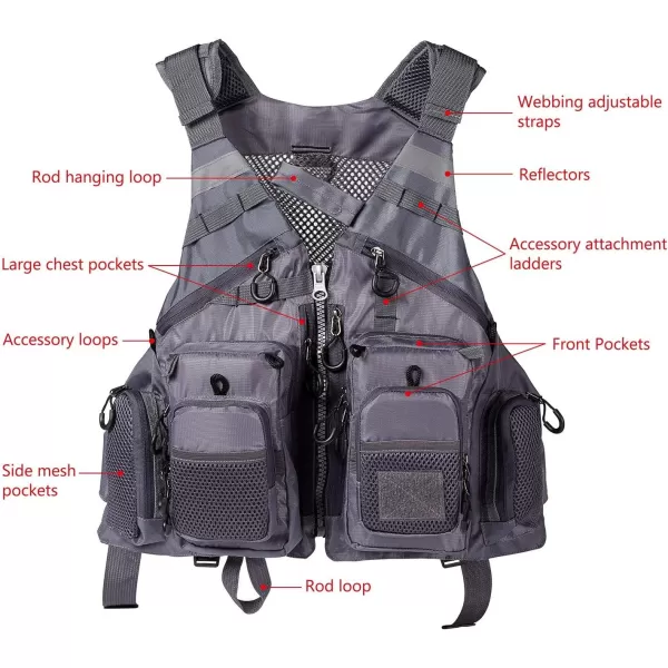 BASSDASH Strap Fishing Vest Adjustable for Men and Women for Fly Bass Fishing and Outdoor ActivitiesGrey